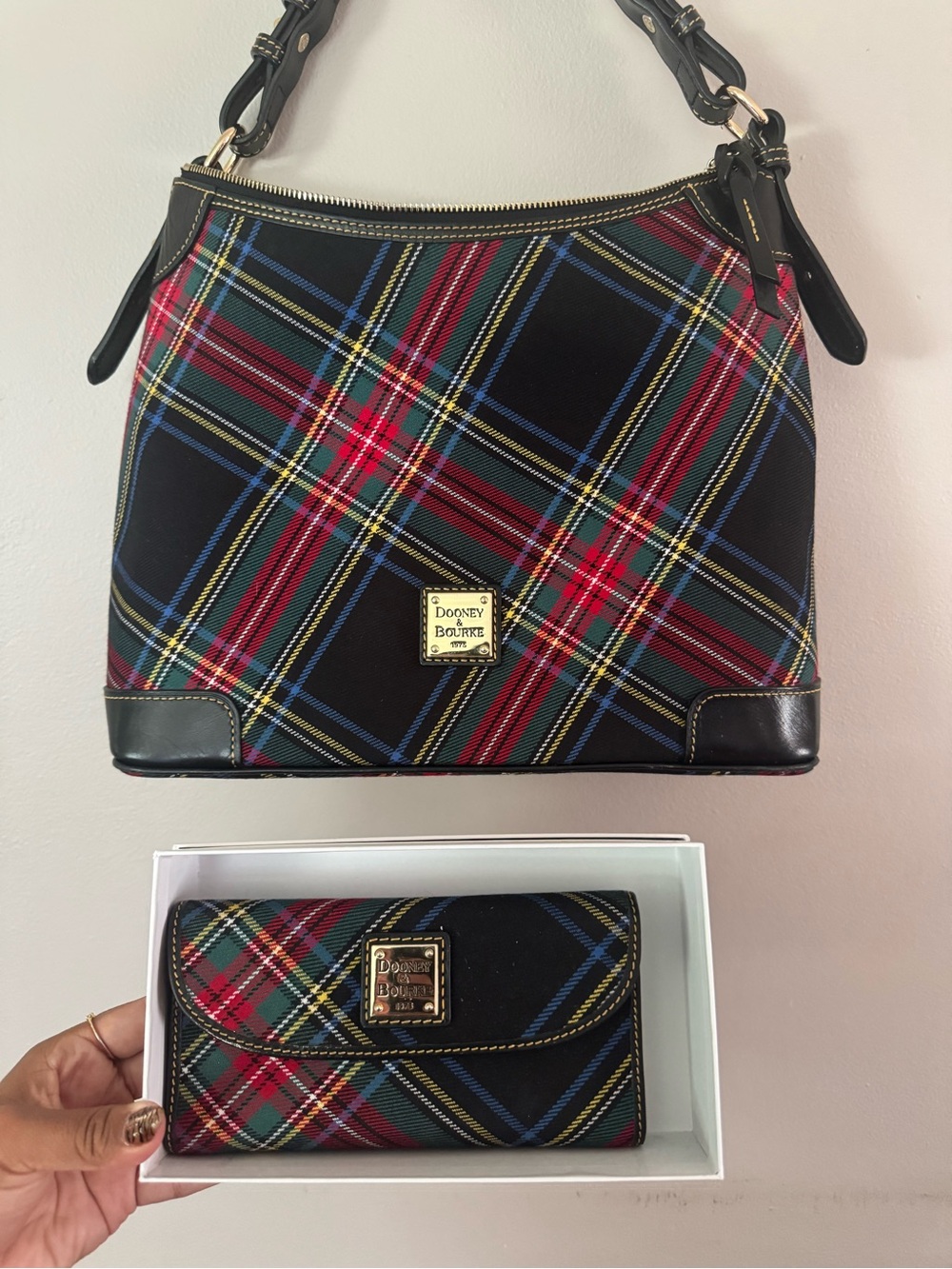 Dooney & Bourke Black Tartan Plaid Shoulder Bag with Matching Wallet